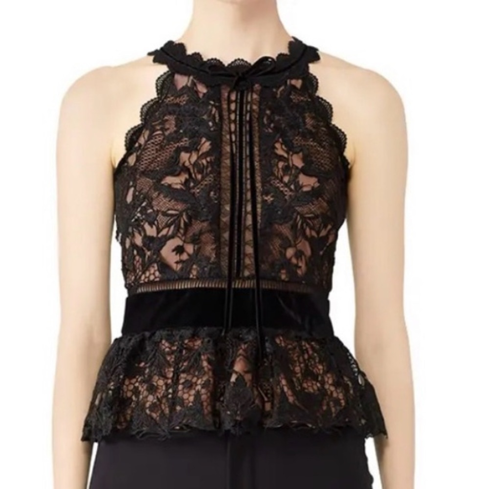 NWT Marchesa Notte Black Lace Velvet Peplum Halter Top Sz 2